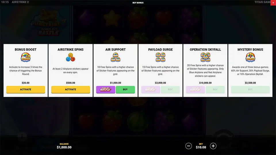 Bonus Buy menu displaying Airstrike Spins, Air Support, Payload Surge, Operation Skyfall, and Mystery Bonus options.