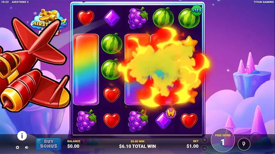 Explosive red airplane blasting across the reels, clearing symbols and triggering powerful cascading effects.