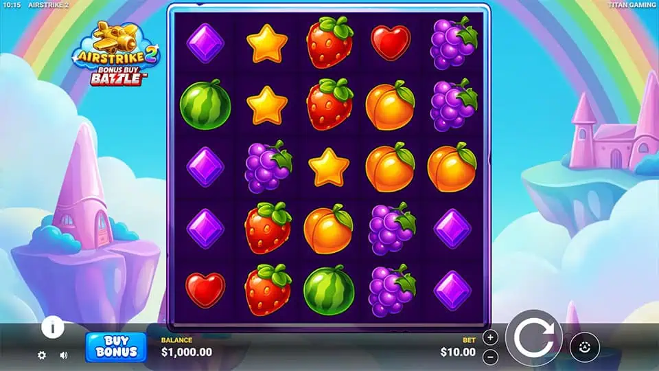 Bright 5x5 grid filled with fruity symbols, gems, and hearts set against a dreamy sky with floating islands.