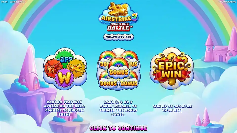 Feature overview highlighting random feature unlocks, bonus triggers, and high volatility gameplay.