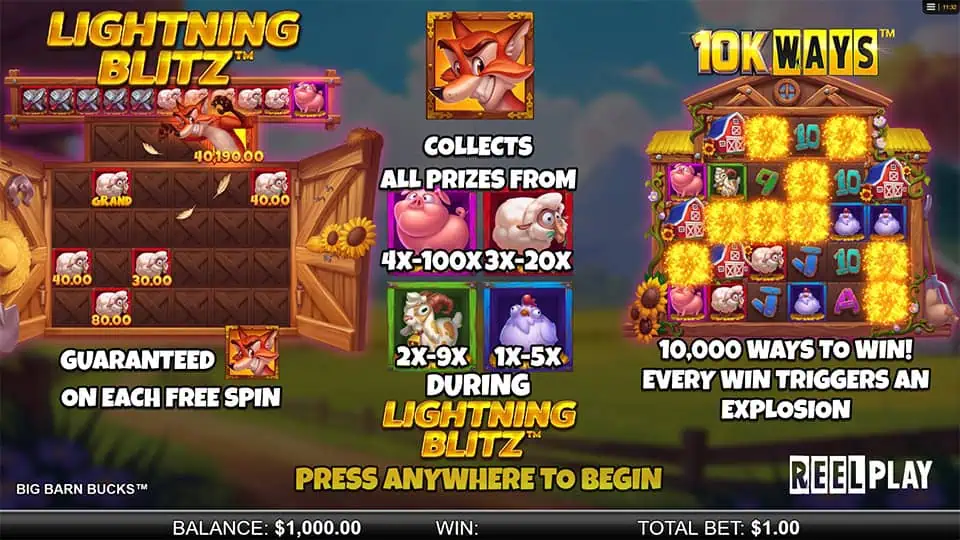 Big Barn Bucks slot intro screen