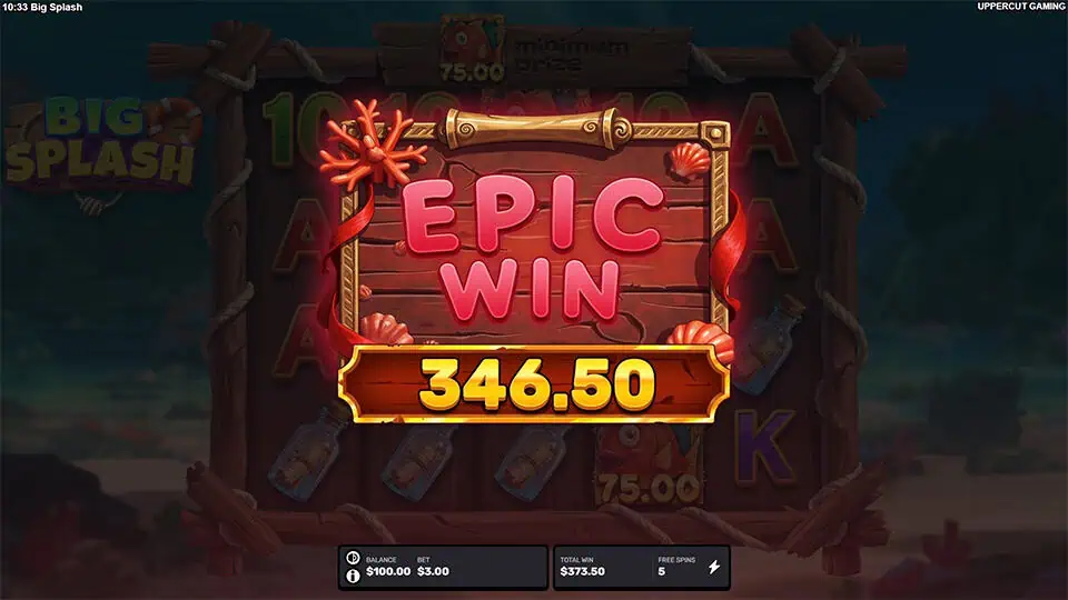Vibrant “EPIC WIN” banner appearing over the reels with coral decorations and glowing sea-themed effects.