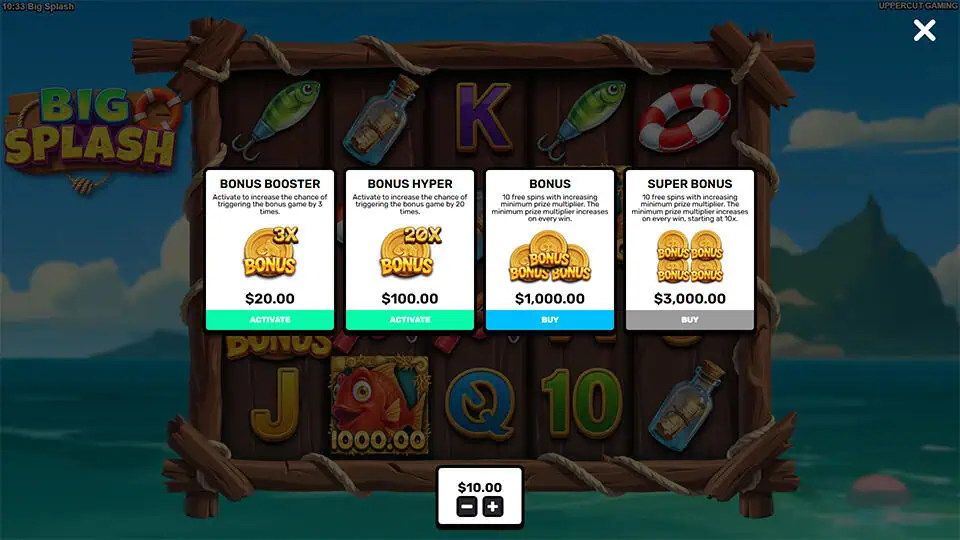 Bonus Buy menu displaying Bonus Booster, Bonus Hyper, Bonus, and Super Bonus purchase options.