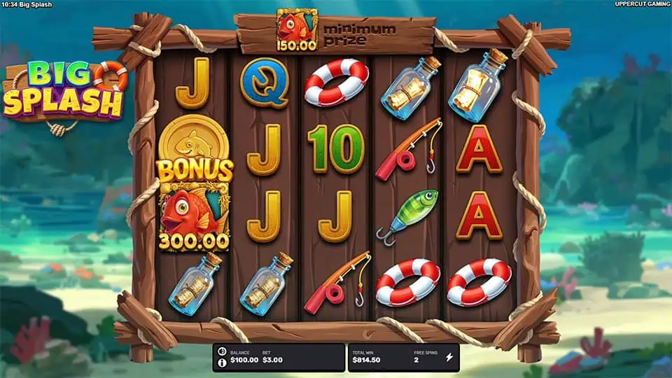 Gameplay showing fish prize symbols landing on the reels, awarding instant wins and increasing payout potential.