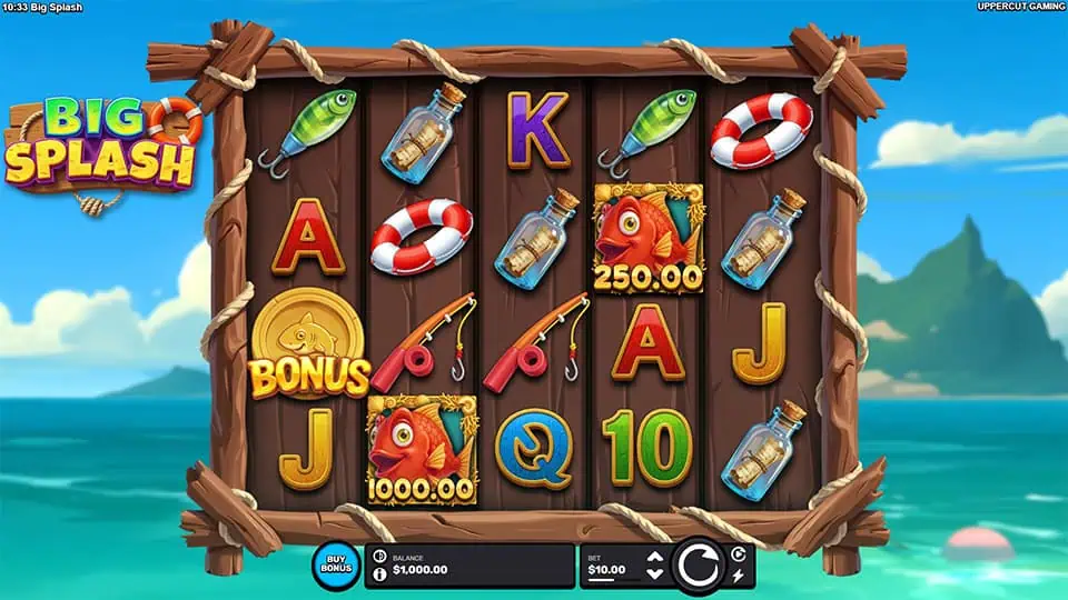 Beach-themed slot interface with wooden reels featuring fishing gear, lifebuoys, bottles, and colorful fish symbols.