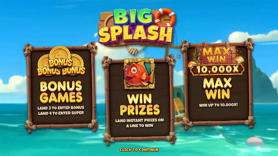 Feature overview showcasing Bonus Games, Win Prizes symbols, and a max win of 10,000x highlighted on wooden boards.