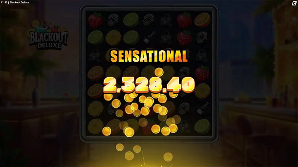 Glowing “SENSATIONAL” text bursting over the darkened reels with golden coins cascading down the screen.