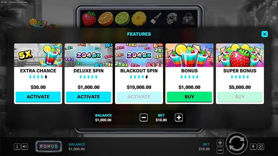 Feature menu displaying Extra Chance, Deluxe Spin, Blackout Spin, Bonus and Super Bonus activation choices.