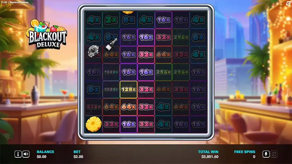 Full grid covered in bright multiplier values like 16x, 32x, 128x and 256x across multiple highlighted cells.