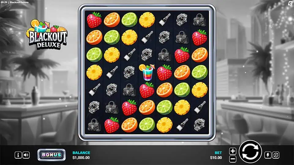 Grid filled with strawberries, citrus slices, watches, bottles and cocktail symbols inside a sleek square layout.