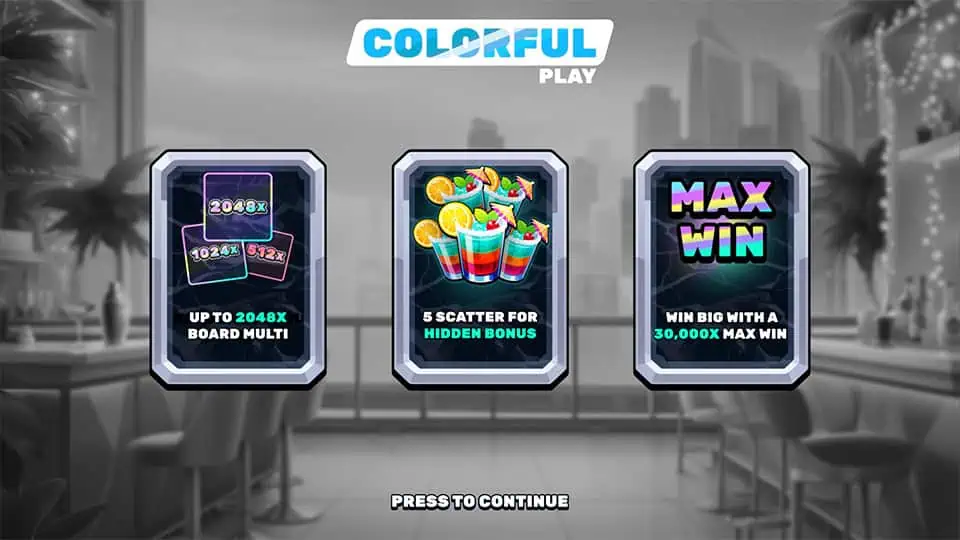 Colorful Play feature panel highlighting board multipliers up to 2048x, hidden bonus trigger and 30,000x max win.