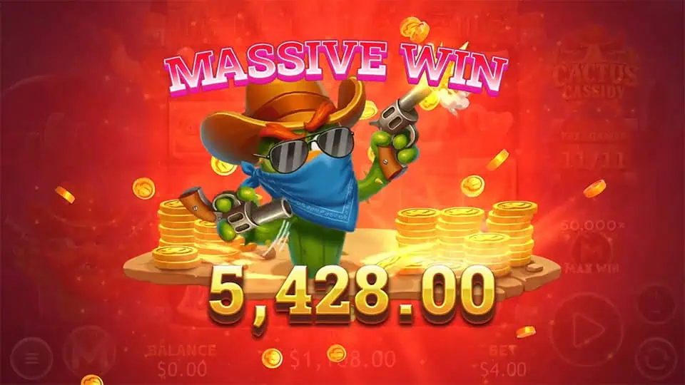 “Massive Win” text glowing in red as the cactus gunslinger fires revolvers with gold coins exploding across the screen.