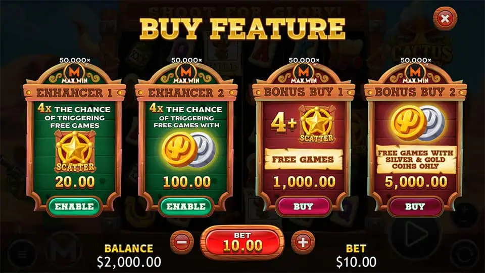 Buy Feature menu displaying Enhancer options and Bonus Buy selections with Free Games and coin variations.