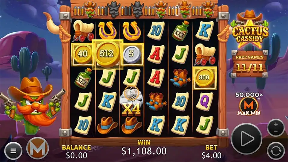 Free games grid showing locked coin values inside golden frames with a visible x4 bullet multiplier and sheriff icons above the reels.