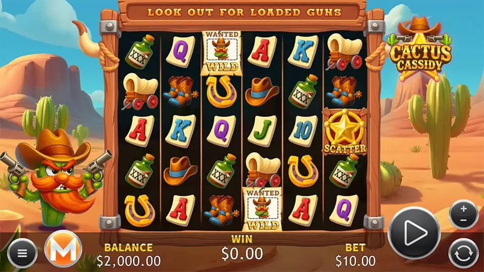 Main reels featuring wild west symbols like hats, whiskey bottles, horseshoes, Wanted Wilds and a sheriff star Scatter in a desert setting.