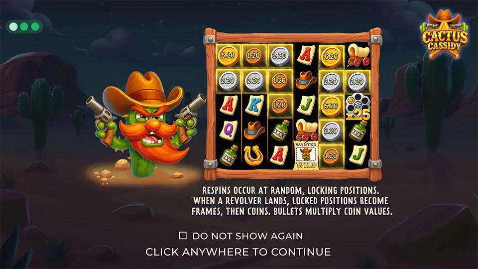 Feature explanation screen describing respins, locking positions, revolver frames and bullet multipliers over a desert night scene.