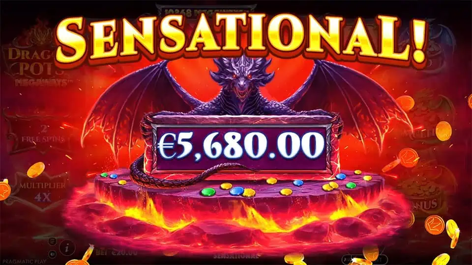 Fierce dragon emerging above a lava platform with blazing “SENSATIONAL!” text and cascading coins.