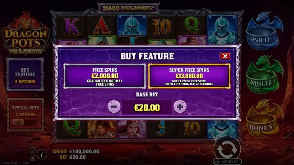Buy Feature menu displaying Free Spins and Super Free Spins options with selectable activation choices.