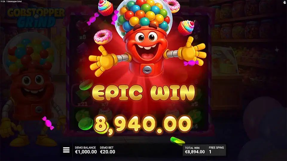 Joyful gumball machine character celebrating a glowing “EPIC WIN” surrounded by flying sweets and bright candy effects.