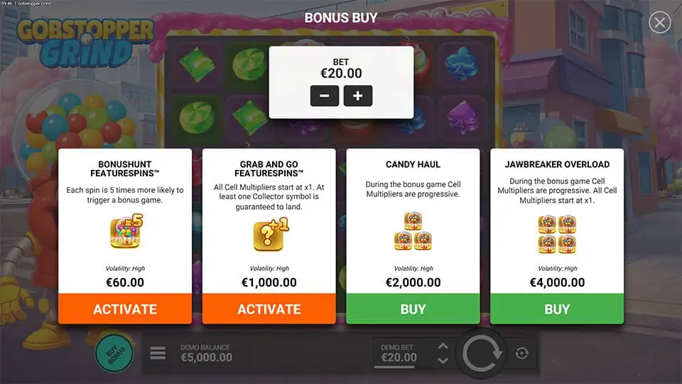 Bonus Buy menu showing Bonushunt FeatureSpins, Grab and Go FeatureSpins, Candy Haul and Jawbreaker Overload options.