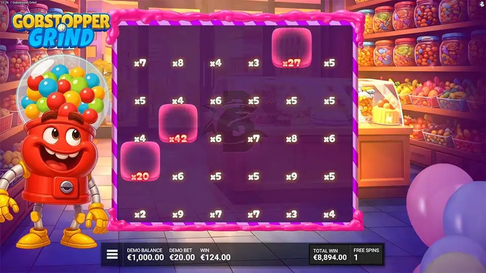 Bonus grid displaying multiple glowing cells with increasing multipliers such as x27, x42 and x20 across the board.