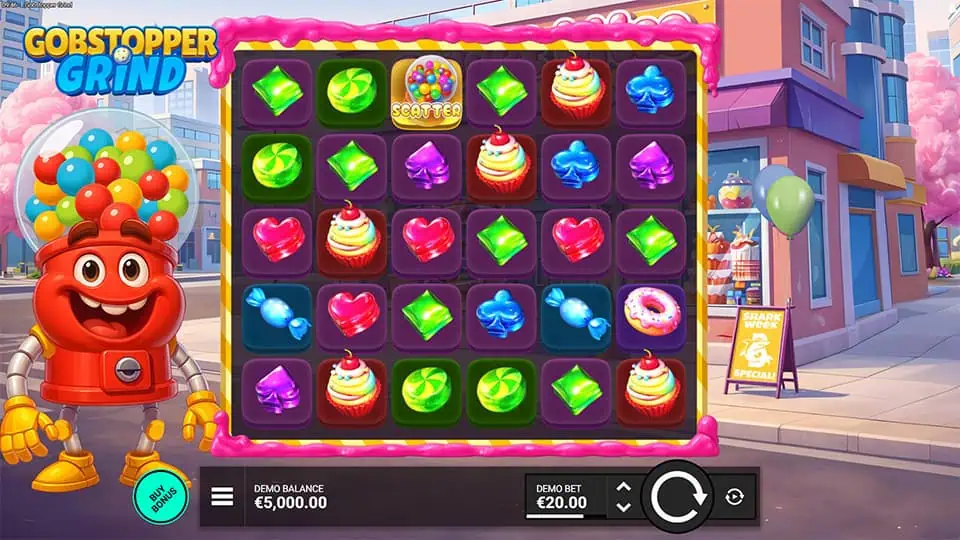 6x6 grid filled with colorful candy symbols, cupcakes, donuts and card icons inside a candy-coated frame.