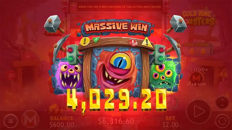 Bright red “MASSIVE WIN” banner smashing onto the screen with three wild-eyed monsters and explosive warning lights.
