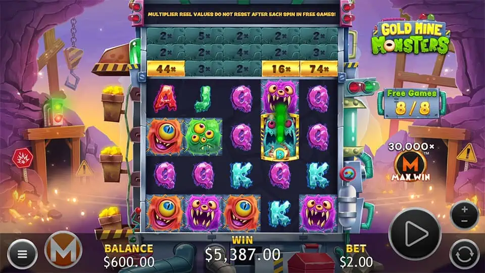 Free games screen with stacked monster symbols and boosted multiplier reel values highlighted at the top.