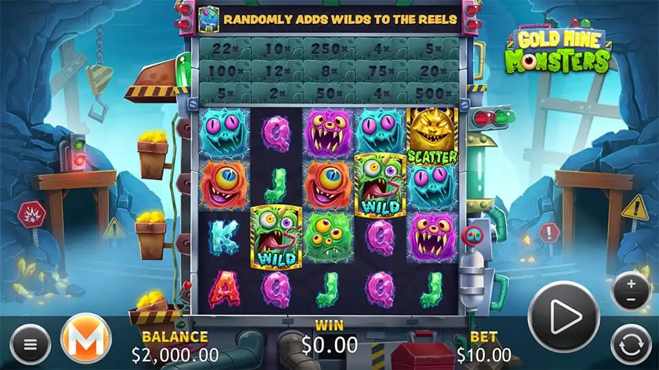 Five-reel monster grid inside a mining machine with wilds, scatter symbols, and a multiplier reel displayed on top.