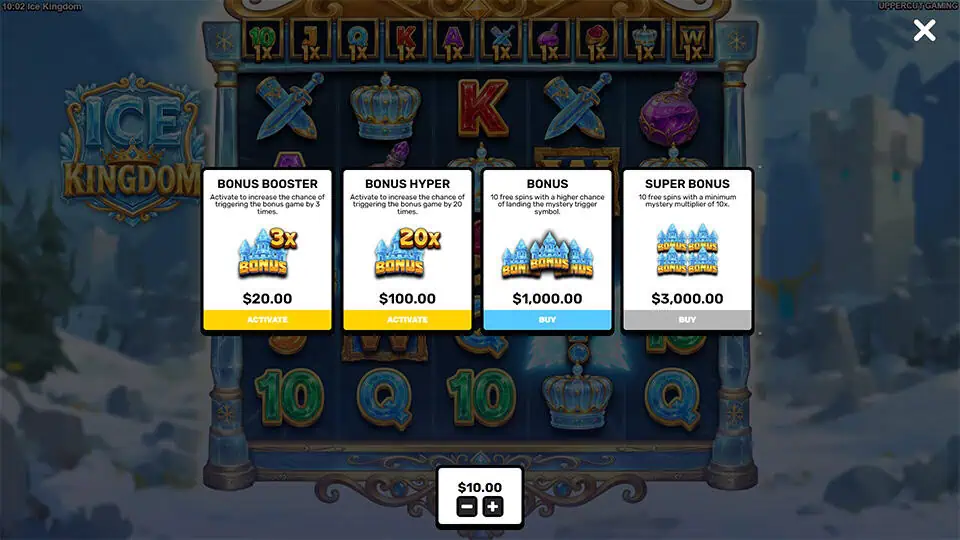 Bonus Buy menu displaying Bonus Booster, Bonus Hyper, Bonus and Super Bonus with activate and buy buttons.