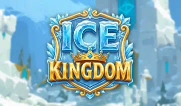 Ice Kingdom logo carved in frosted blue and gold with a royal crown set against a snowy castle backdrop.