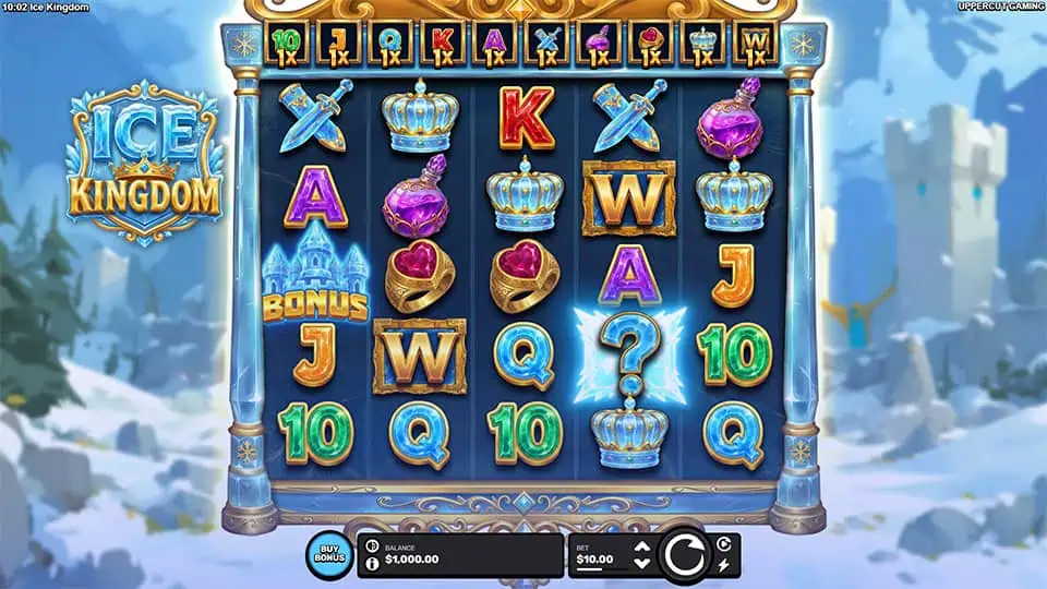 Main 5x4 reels featuring crowns, swords, royal rings, Wild symbols and Bonus castle icons inside an icy fortress setting.