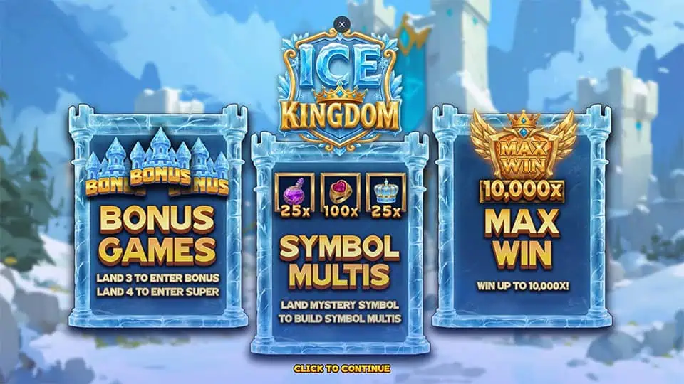 Frozen feature panels highlighting Bonus Games, Symbol Multis and Max Win up to 10,000x in an icy castle theme.