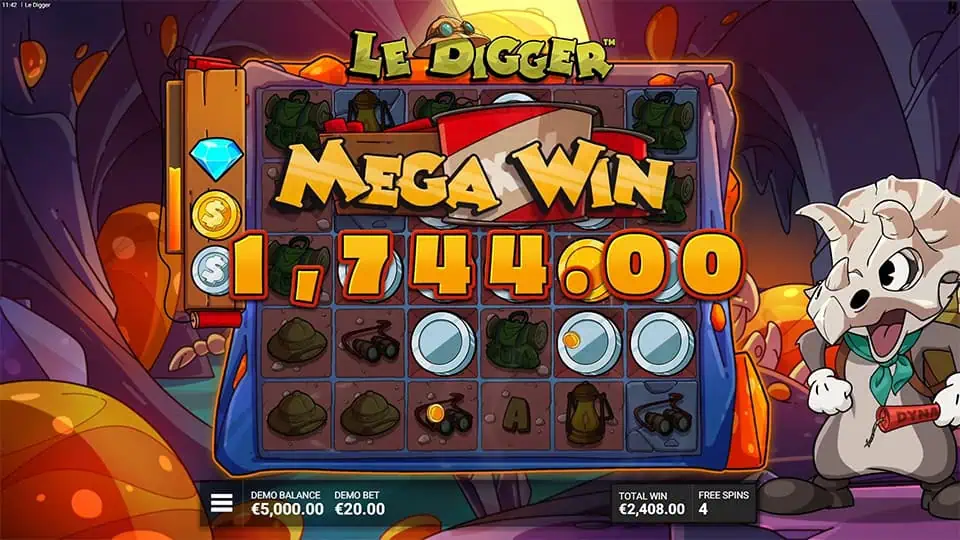 Colorful “MEGA WIN” banner bursting across the reels with coins and treasure symbols in a vibrant cave setting.