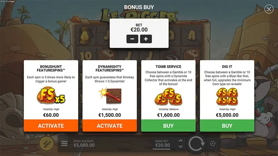Bonus Buy menu displaying Bonushunt FeatureSpins, Dynamighty FeatureSpins, Tomb Service, and Dig It bonus choices.