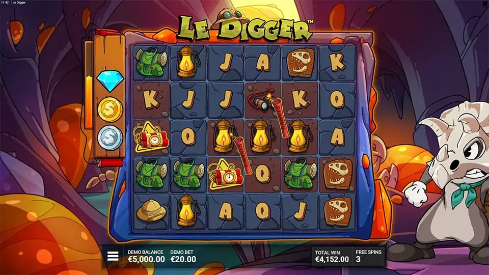 Gameplay screen showing dynamite sticks clearing symbols and revealing new layers on the excavation grid.