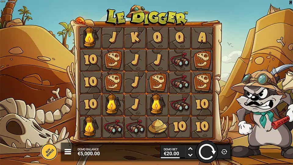 Main game grid filled with mining tools, fossils, lanterns and card symbols set inside a rocky excavation frame.