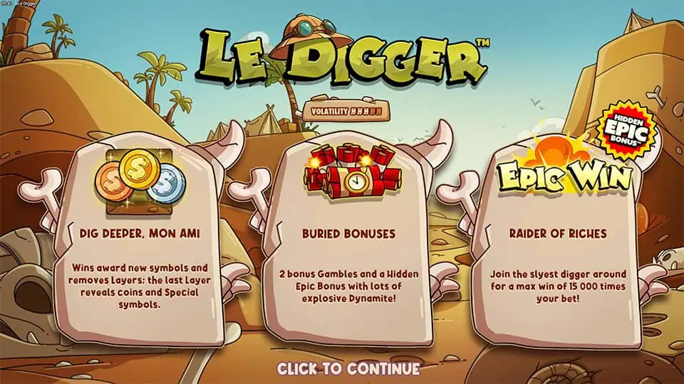 Feature overview showcasing Dig Deeper, Buried Bonuses, and Raider of Riches mechanics with dynamite and treasure icons.