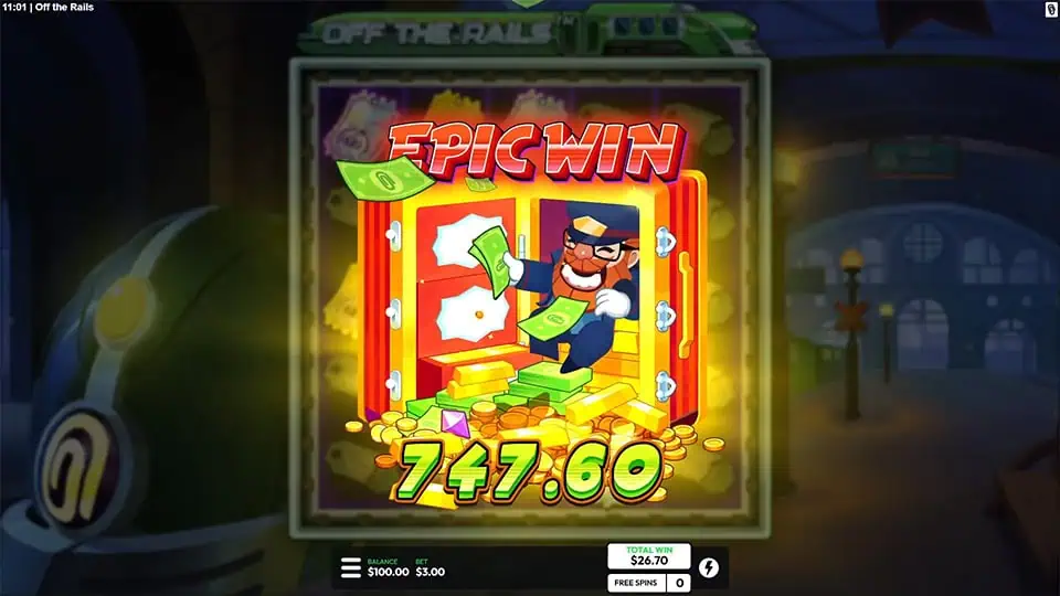 “EPIC WIN” banner flashing as a cartoon conductor bursts out of a vault with cash and gold coins flying.