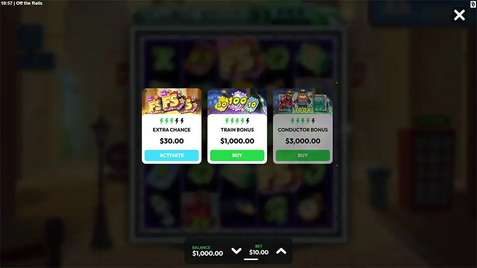Buy Feature menu displaying Extra Chance, Train Bonus and Conductor Bonus with activate and buy buttons.