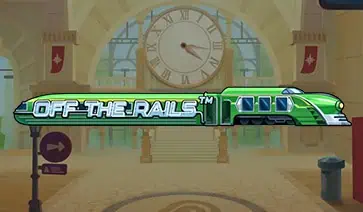 Off the Rails logo shaped like a speeding green train set inside a bright railway station hall.