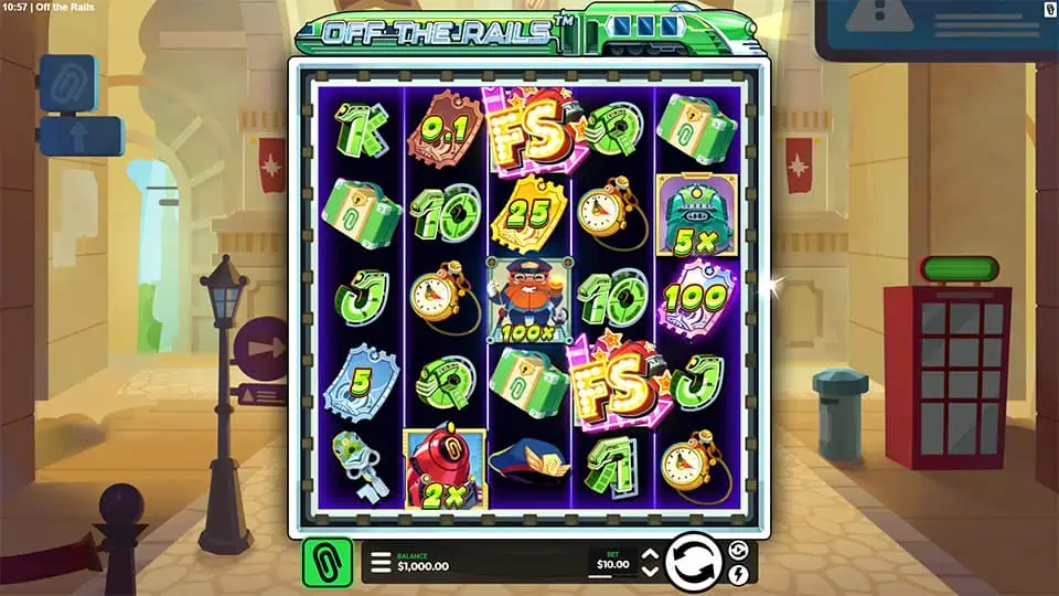 Main reels filled with train tickets, suitcases, clocks and conductor symbols inside a lively station backdrop.