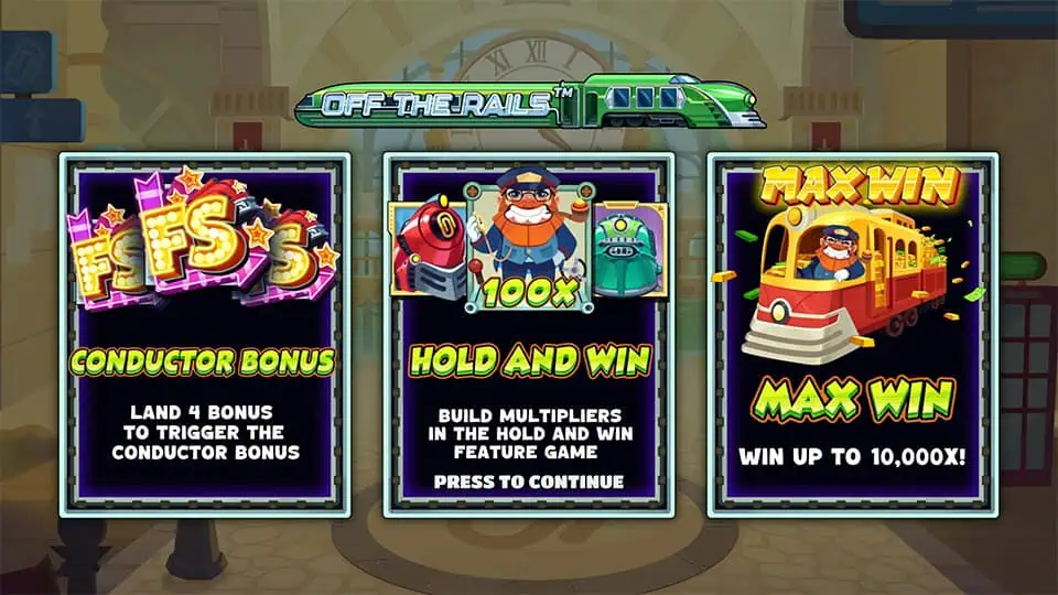 Feature panels highlighting Conductor Bonus, Hold and Win multipliers and Max Win up to 10,000x in a station setting.
