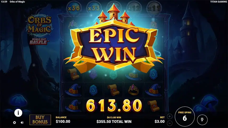 Golden “EPIC WIN” banner shining brightly over the magical reels with glowing multiplier counters above.