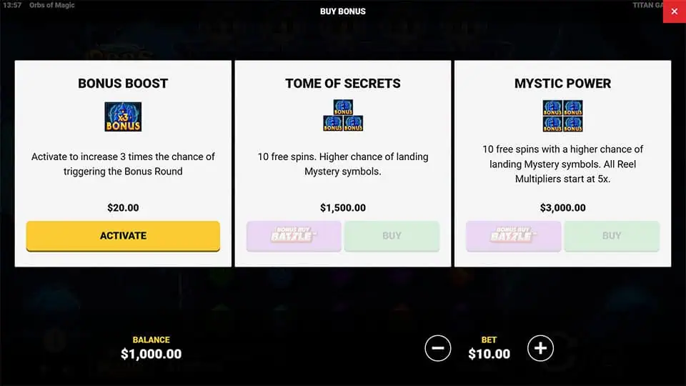 Buy Bonus menu showing Bonus Boost, Tome of Secrets and Mystic Power with activate and buy selections.