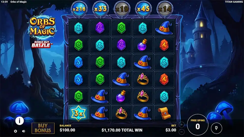 Reels displaying boosted multipliers like x210, x33, x19 and x45 above the grid with a 3x orb activated below.