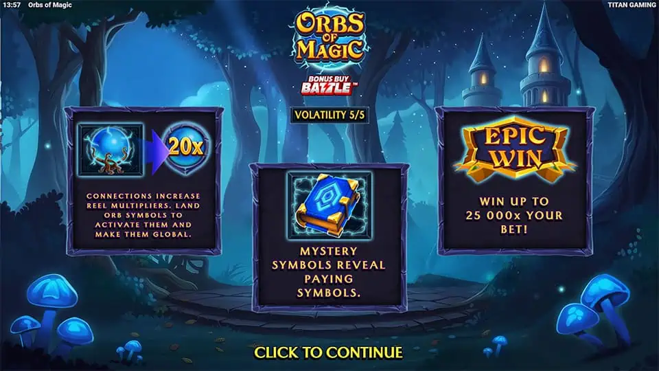 Feature panels highlighting increasing reel multipliers up to 20x, Mystery Symbols reveal and win potential up to 25,000x.