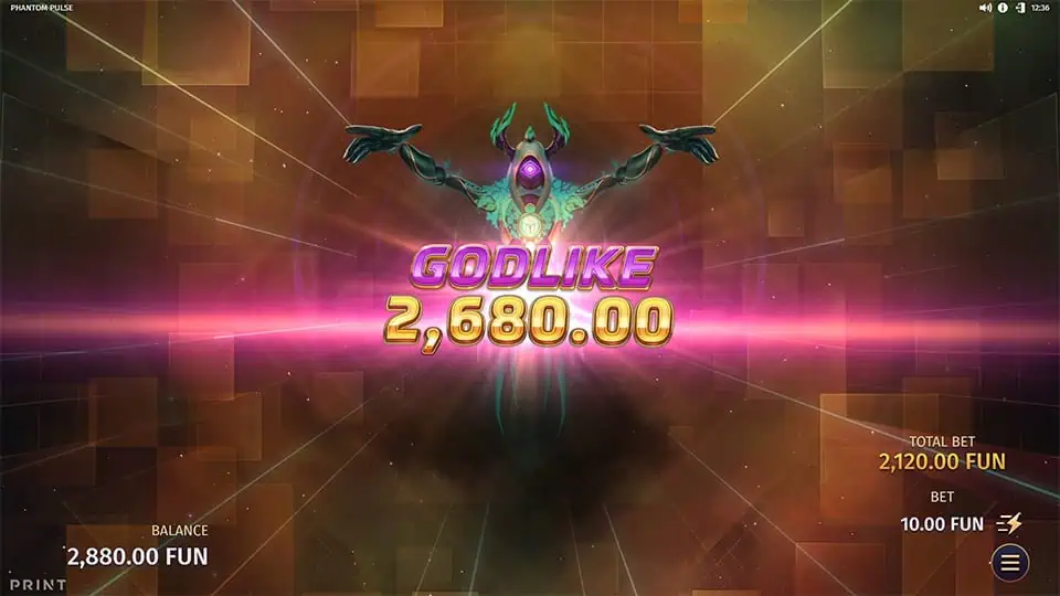 Radiant “GODLIKE” banner exploding across the screen with a futuristic entity spreading its arms in golden light.