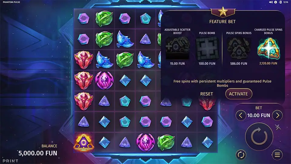 Feature Bet menu showing Adjustable Scatter Boost, Pulse Bomb, Pulse Spins Bonus and Charged Pulse Spins Bonus selections.