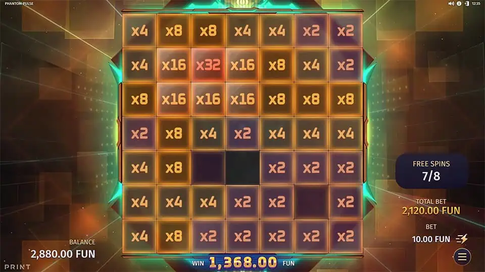 Full board covered in glowing multiplier tiles such as x4, x8, x16 and x32 during active free spins.